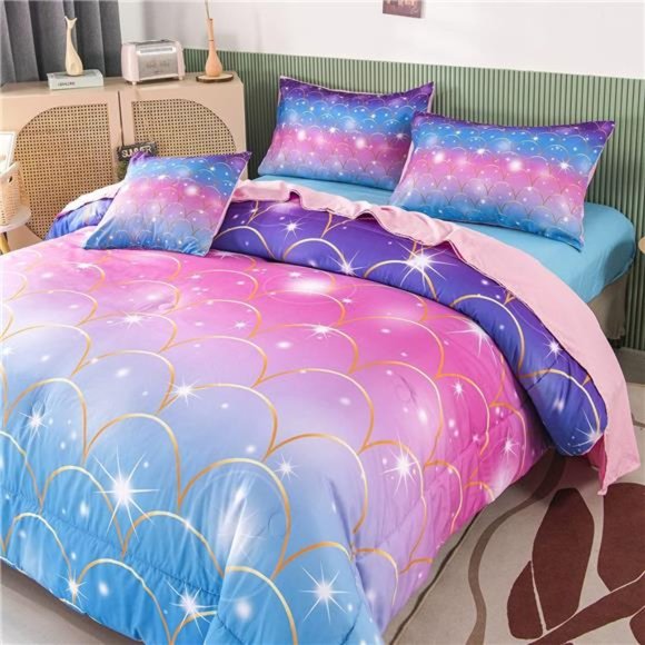 6Pcs Mermaid Scale Comforter Sets TwinSize,3D Pink Glitter Bed in A Bag for Teen - Picture 5 of 7